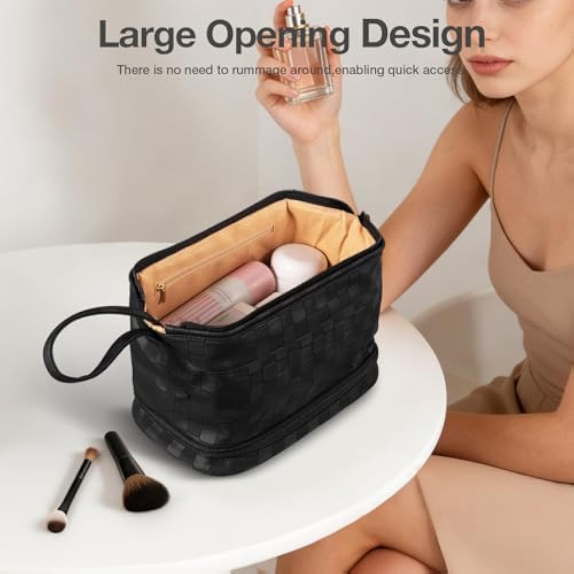 Large Double Layer Leather Makeup Bag, Travel Essential